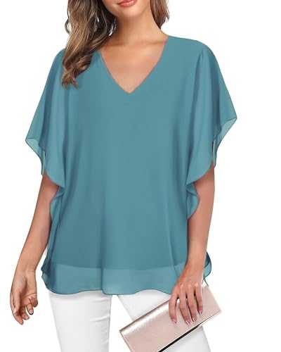 Lotusmile Women's Loose Flouncing Flutter Sleeve Double-Layered Shirt Chiffon Elegant Dressy Blouse Work Tops