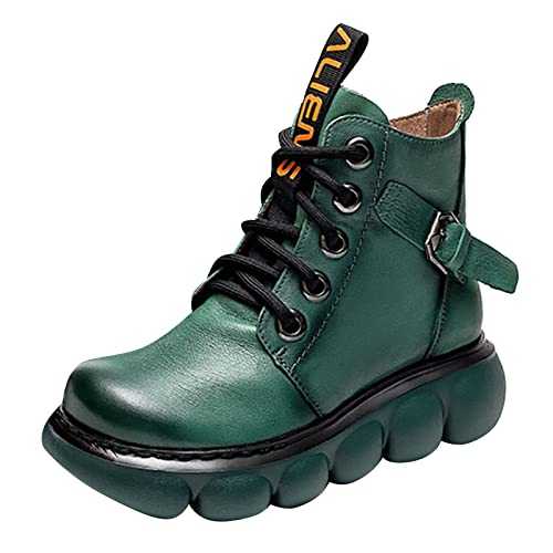 DGHM Women Winter Boots Causal Ankle Boots Thermal Boots Soft Leather Shoes Comfort Insoles Lace Up Ladies Sport Shoes Retro Thick-soled Shoes, (black half slip)