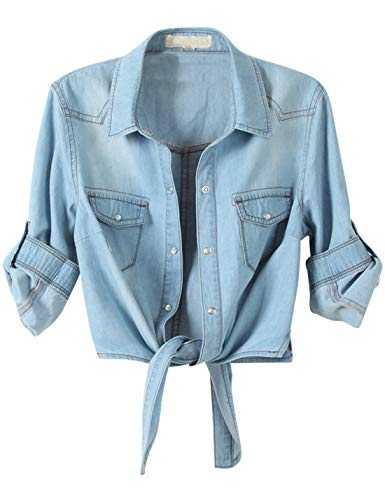 PUWEI Women's Denim Shirts Casual Button Up 3/4 Sleeve Tie Front Jean Crop Tops