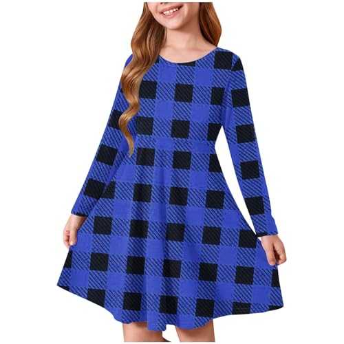 Summer Dresses Girls Long Sleeve Sundress Midi Casual Boho Dresses Tartan Bow Tie Checked Plaid Homewear Beach Dresses Checked Plaid Skater Tshirt Dresses 4-14 Years