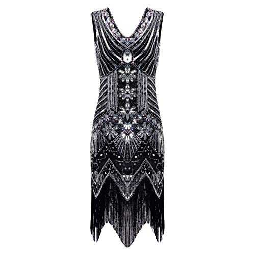 LAEMILIA 1920s Gastby V-Neck Sequin Flapper Dress Rhinestone Embellished Beaded Fringed Midi Dress Prom Party