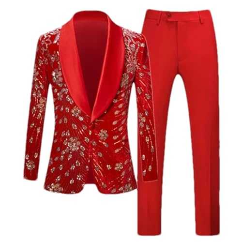 Men's Sequin Suit 2 Piece Red/Blue/Black Men Wedding Prom Party Blazer Jacket and Pants