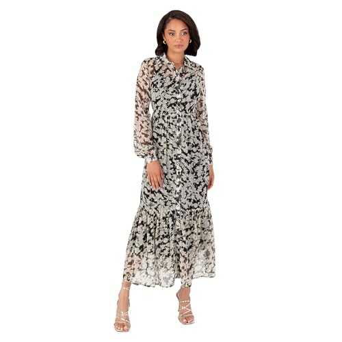 Lovedrobe Women's Midaxi Dress Ladies Shirt Collar Long Sleeve Floral Elasticated Waist Gold Texture Smart Casual Office Wear