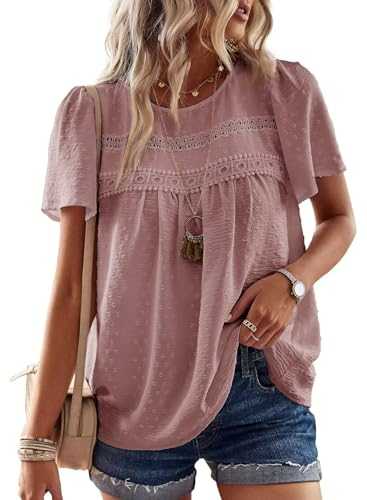 Falechay Womens Summer Tops Crewneck Short Sleeve Shirts Casual Chiffon Blouses Flowy Lace Hem Boho Clothing Trendy 2025