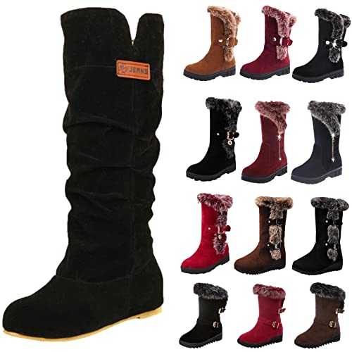 COVIDI Womens Flat Boots Winter, Western Cowboy Boots Flock Ankle Boots Pull On Round Toe Shoes Middle Tube Booties