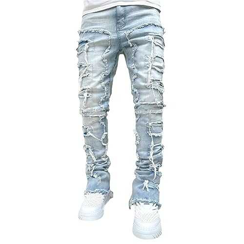 Giraropa Mens Black Stacked Jeans Slim Fit Ripped Jeans Destroyed Straight Denim Pants Harajuku Hip Hop Trouser Streetwear
