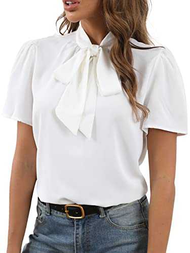 Rooscier Women's Bow Tie Knot Mock Neck Short Sleeve Elegant Workwear Blouse Shirt Top