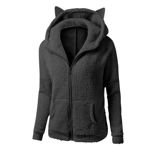 Fleece Jackets for Women UK Zip Up Hoodie Cat Ear Hooded Sweatshirt Sherpa Teddy Bear Coat Plain Winter Warm Plush Jacket Zipper Coats Open Front Cardigans Ladies Fluffy Hoodies Thick Outwear