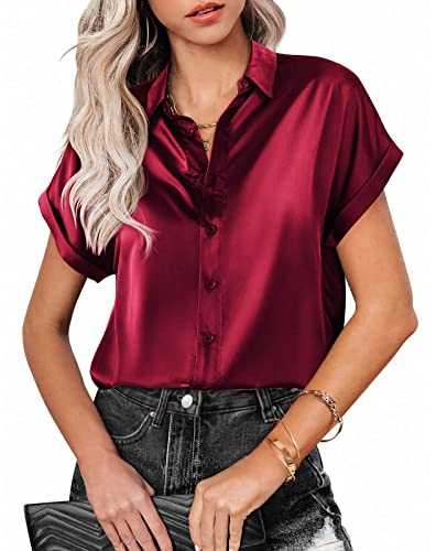 MINTLIMIT Women's Satin Shirt Blouse Short Sleeve Button Down Silk Blouse Casual Ladies Office Tops