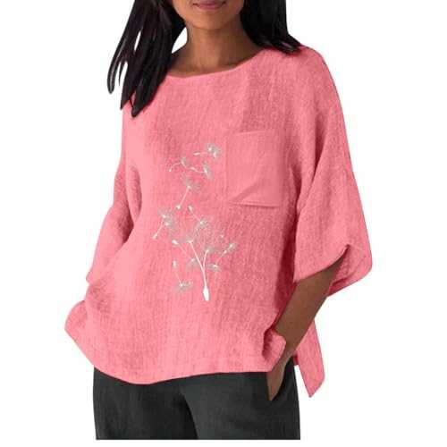 Mrat Linen Tops for Women UK Sale 3/4 Sleeve Round Neck T Shirts Summer Casual Loose Fit Dressy Blouses with Pockets Oversized Tunic Tops Side Split Vintage Tshirts Ligntweight Soft Tees Office Work