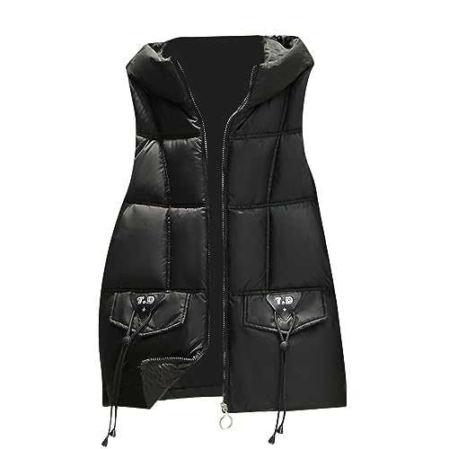 HAOLEI Women's Gilets with Hood,Ladies Gilet Sale Clearance Petite Padded Puffer Bodywarmers Outerwear Quilted Down Jacket Casual Zip Warm Parka Coat Lapel Collar Winter Waistcoat with Pockets UK