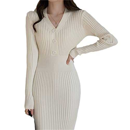 Zozogag Knitted Long Sleeve Dress Women Slim Bodycon Button V Neck Midi Ribbed Sweater Dress