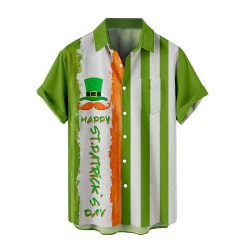 St Patricks Day Shirt Mens Summer Hawaiian Shirts Short Sleeved Shirts Summer Striped Casual Shirt Button Down Hawaiian Shirt for Beach Holiday Regular Fit Shamrock Clover Mexico Shirts for Men