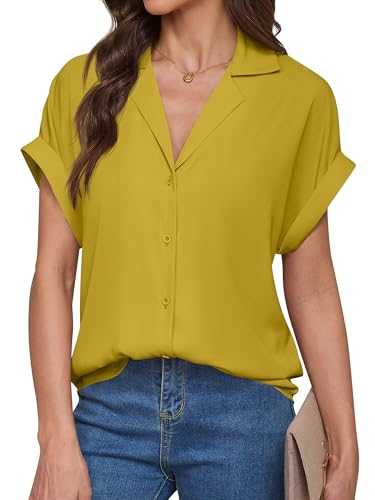 DYLISEA Womens Dressy Casual Shirts Short Sleeve V Neck Stain Silk Button Down Blouse Work Business Summer Tops 2025