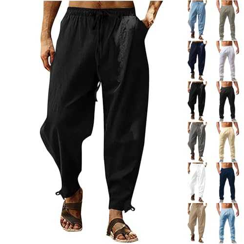 Mens Cotton Linen Trousers Plus Size Casual Elasticated Waist Beach Straight Leg Fashion Solid Plain Outdoor Sweatpants Basic Loose Breathable Bottoms Walking Jogger Chino Trousers