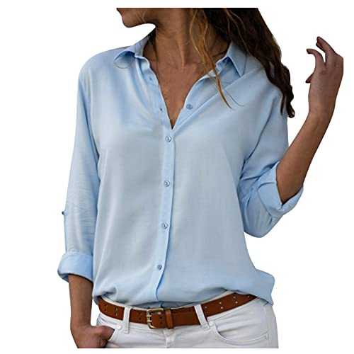 WILLBEST Women's Blouse Oversized Lapel Shirts Long Sleeve V-Neck Button Down Dressy Casual Work Tops