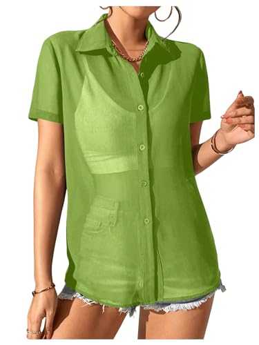 Floerns Women's Sheer Mesh Button Up Short Sleeve Shirt See Through Blouse Tops