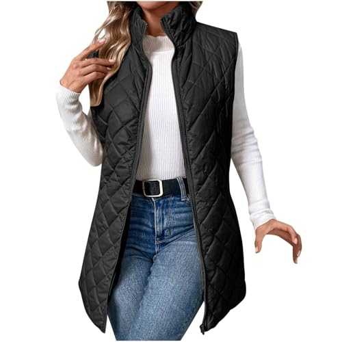 duxyoz Women'S Gilets Long Hooded Quilted Gilet Zip Up Sleeveless Waistcoat Ladies Lightweight Padded Puffer Vest Solid Bodywarmer Jacket Longline Stand Collar Zip Up Cotton Jacket