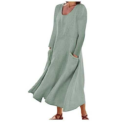 AMhomely Dresses for Women UK Plus Size Ladies Summer Cotton Linen Italian Dresses Long Sleeve Casual Dresses with Pocket Crewneck Patchwork Swing Dress Elegant Beach Dresses Going Out