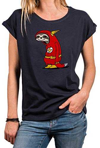 MAKAYA Womens Nerd Top Short Sleeve - Flash Sloth - Funny Graphic T-Shirt Oversized Look
