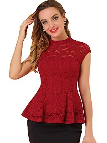 Allegra K Women's Crochet Peplum Floral Crochet Mock Neck Tops Cap Sleeve Red Lace Blouse