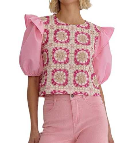 EZAPINE Women Crochet Crop Tops Summer Floral Eyelet Cute Ruffle Sleeve Round Neck Boho Dressy Casual T Shirts