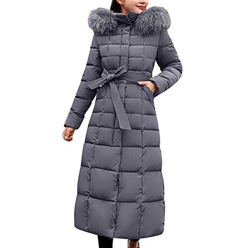 TEPTDirio Women's Long Quilted Coat Hooded Down Jackets Maxi Length Long Sleeve Puffer Jacket Padded Coat Windbreaker with Belt Ladies Plus Size Cardigan Tops Winter Warm Outerwear