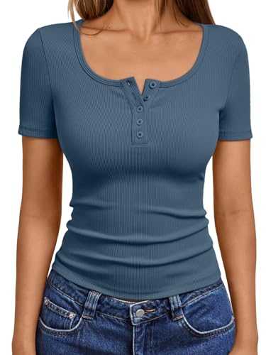 Trendy Queen Womens Short Sleeve Summer Tops Ribbed Henley T Shirts Basic Tee Cute Casual Spring Fashion Clothes 2025