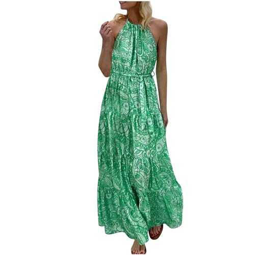 Halter Neck Dress Boho Dresses for Women UK Floral Print Bohemian Maxi Dress Summer Sleeveless Strappy Sundress Ladies Casual Swing Beach Cover Up Holiday Work Party Long Dresses