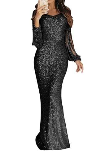 ZICUE Womens V Neck Fashion Sparkly Sequin Party Dresses Long Sleeves Wrapped Evening Club Dress