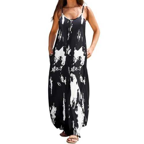 WLHBF Women Summer Casual Maxi Dress V Neck Sleeveless Flowy Boho Floral Beach Long Dress with Pockets Long Dressed for Women