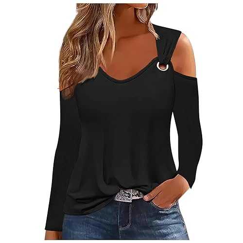 AMhomely Ladies Tops Clearance Women's Long Sleeve Shirt Sexy Cold Shoulder Tops Tunic Blouse Y2K Going Out Tops Casual Slim Fit T Shirt Pullover Sweatshirts Basic Tees Dressy Fall Clothes