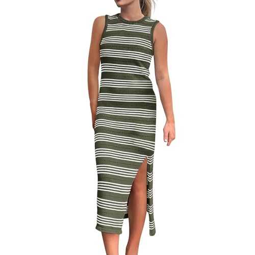 Women's Dress Sleeveless Summer Dresses for Women UK Bodycon Sundresses Casual Dress Midi Striped Dress Knit Side Slit Long Tank Dress Round Neck Stretch Lightweight Dress Spring Dress