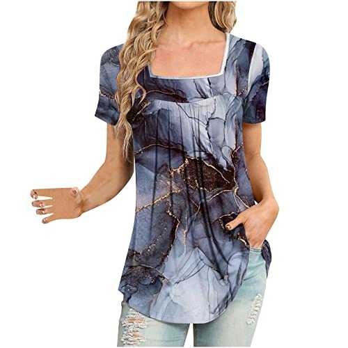 Keepink Tunic Tops for Women UK Dressy Casual Short Sleeve Shirts Boho Floral Loose T-Shirt Elegant Front Pleated Blouse Square Neck Summer Tees Ladies Longline Top Going Out Outfits
