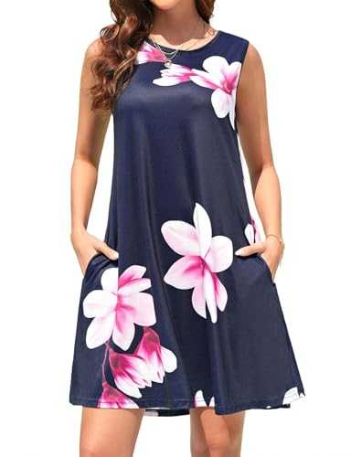 Womens Summer Dresses Loose Beach Dresses Sleeveless Floral Tshirt Casual Sundresses with Pockets