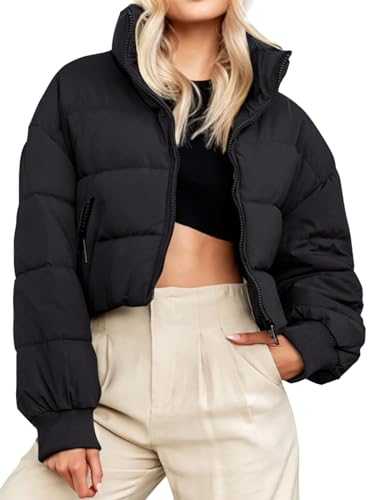 Gihuo Women's Winter Puffer Jacket Cropped Lightweight Zip Up Padded Coat Oversized Stand Collar Short Quilted Jackets
