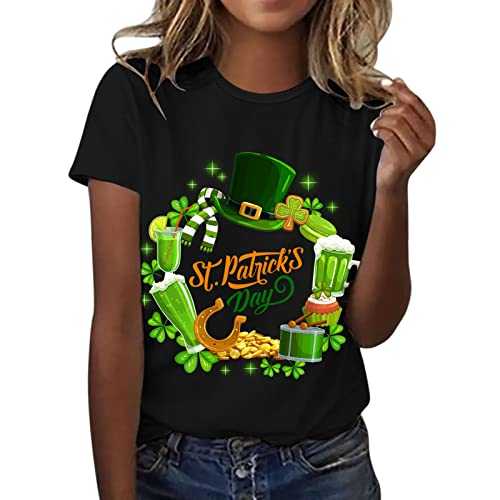 Womens St. Patricks Day T-Shirt Funny Shamrock Clover Gnomes Printed Casual Festival Green Tops Short Sleeve Round Neck Spring Summer Tee Costume for Ladies Girls