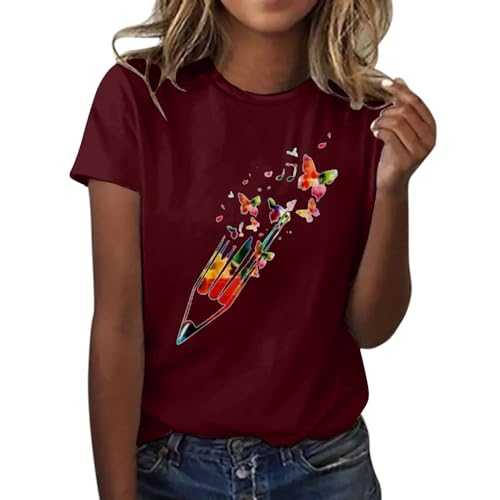 HOOUDO for Women UK Short Sleeve Round Neck Tunic Pleated Pattern T-Shirt Oversized Loose Fit Tee Linen Stretchy Clothes for Business