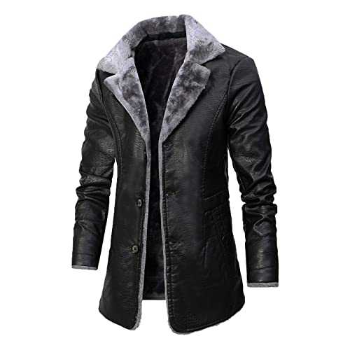 Zeiayuas Leather Jacket Mens Faux Fur Sherpa Fleece Lined Trucker Jacket Sheepskin Winter Trench Coat Warm Fluffy Thick Outwear Motorcycle Cargo Biker Jacket Overcoat for Men UK Clearance