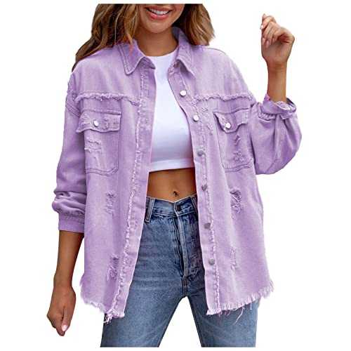 Ladies Denim Jackets Stretch Button Up Long Sleeve Boyfriend Jean Jacket Casual Ripped Summer Raw Edge Denim Shirt Lapel Neck Winter Autumn Chav Coats with Pockets