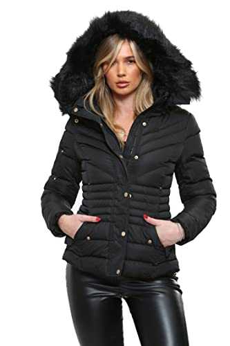 shelikes Womens Winter Jackets Quilted Padded Coat Warm Faux Fur Hooded Parka Jacket For Ladies