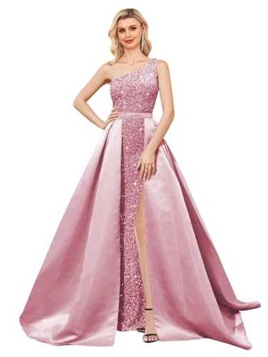 Sequin Ball Gown Prom Dresses for Women One Shoulder Sparkly Formal Evening Gowns with Split 2023, Dusty Pink, 26