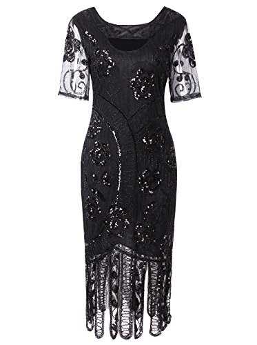 Vijiv Women Vintage 1920s Dresses Floary Beaded Cocktail Flapper Dress with Sleeves Gatsby Party