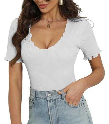 ETOSELL Womens Fashion Summer Short Sleeve Top Ruffled Low Cut Casual Ribbed Tee Shirts Crop Tops