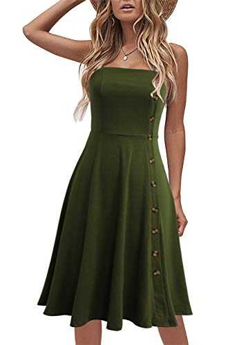 Liyinxi Women's Casual Summer Beach Flattering Flowy A-Line Spaghetti Straps Solid Cotton Button Down Midi Sundress