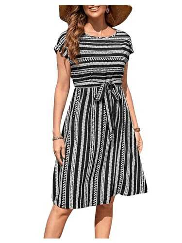 GORGLITTER Women's Casual Short Sleeve Crewneck Print Dress Belted Summer Flowy Knee Length Dress