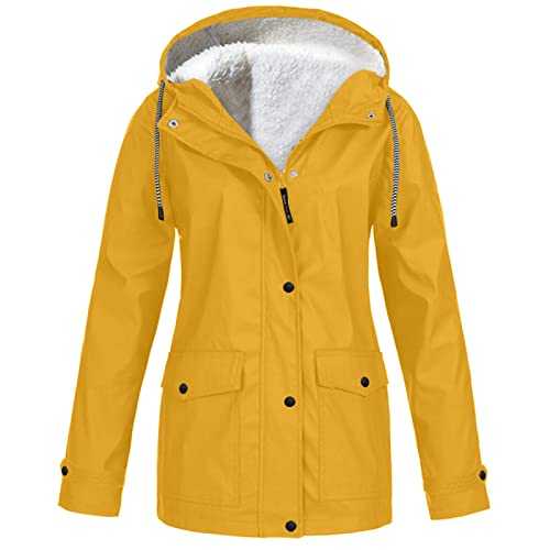routinfly Women Rain Jacket Waterproof - Plus Fleece Lined Raincoat Winter Warm Outdoor Hoodie Plus Size Hooded Windproof Loose Outwear Ladies Windbreaker Rainwear