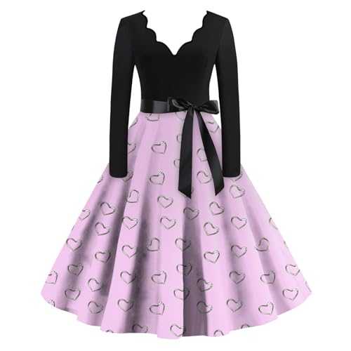 Women's Valentine's Day Dresses Elegant Long Sleeve V Neck Tunic Swing Dress Trendy Love Heart Printed Plus Size Cocktail Party Midi Dresses