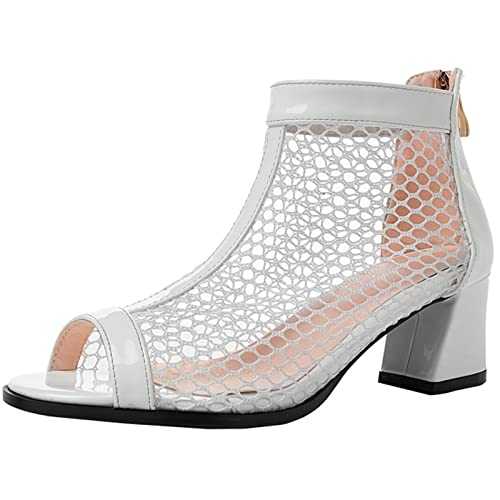 Mo Joc Women Summer Breathable Mesh Ankle Boots with Peep Toe and Block Heels and Back Zippers