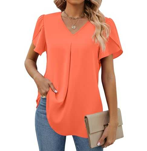 Funlingo Womens Chiffon Blouse Dressy Flowy Petal Sleeves Business Casual Shirts Summer Trendy Floral Office Long Tops